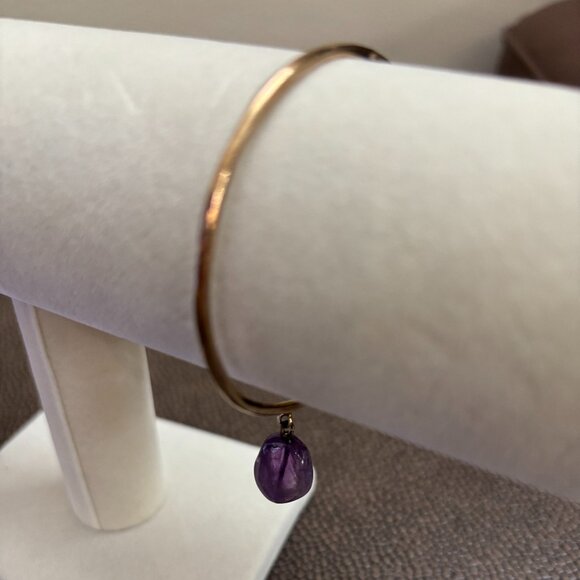 Gold tone Silver 925 Oval Vermeil Purple Amethyst Dangle Charm Bangle Bracelet - Picture 1 of 12